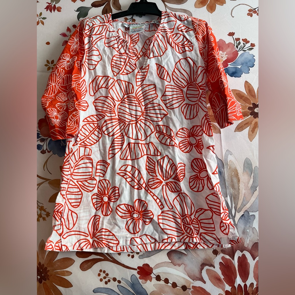 Gretchen Scott Girls 4/6 100% Cotton White Orange Floral Retro Style Tunic Dress